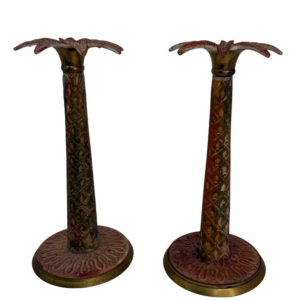 Pair Vintage Brass & Patinated Metal Palmetto /‎ Palm Tree Candlestick Holders